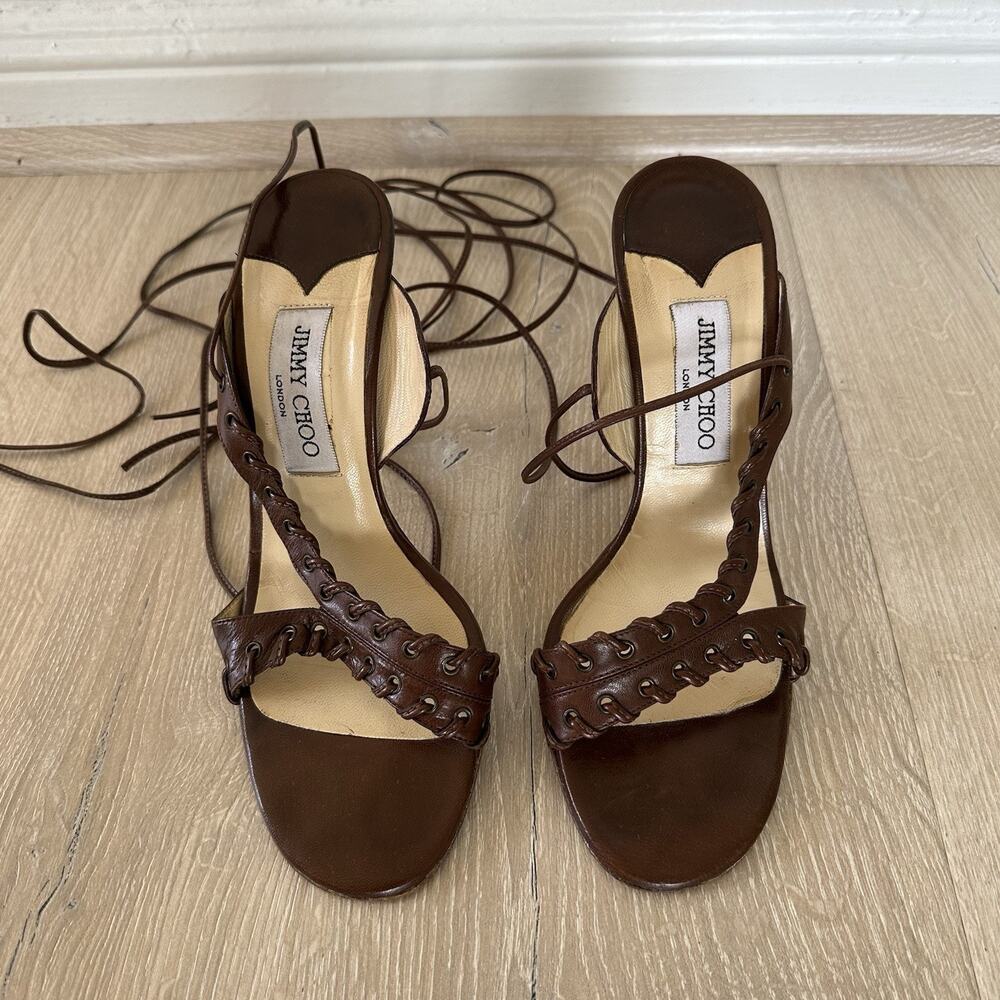 Jimmy Choo Leather Whipstitch Trim Strap Ankle Tie Strap Sandals Heels